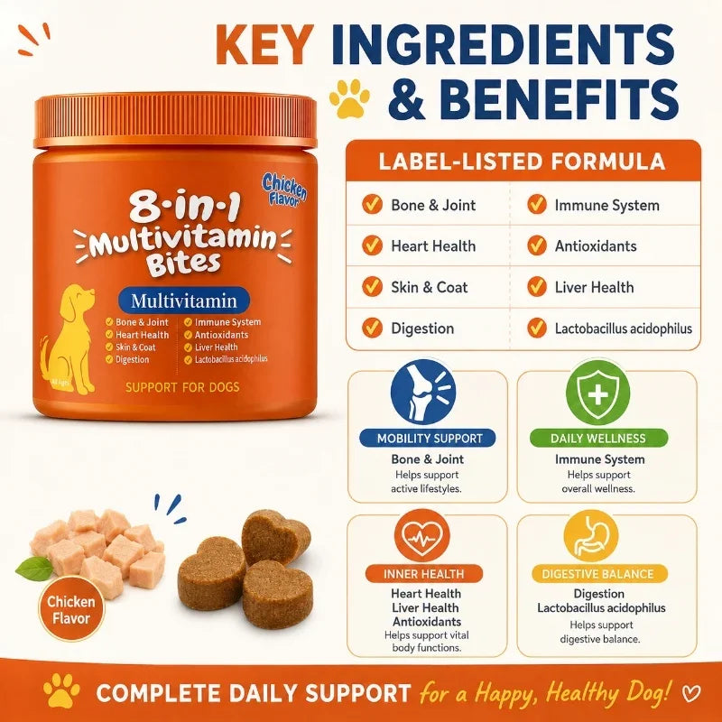 8-in-1 Multivitamin Bites for Dogs Chicken Flavor Joint Immune Skin Coat Digestive Support Daily Soft Chews